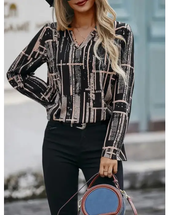 Kadın Uzun Kollu V Yakalı Desenli Dalgıç Bluz