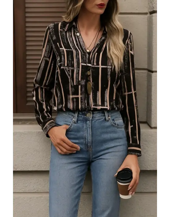 Kadın Uzun Kollu V Yakalı Desenli Dalgıç Bluz