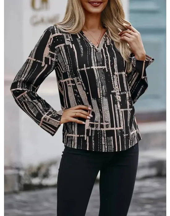 Kadın Uzun Kollu V Yakalı Desenli Dalgıç Bluz