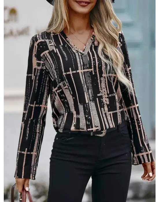 Omarı Desenli V Yakalı Uzun Kollu Kadın Bluz