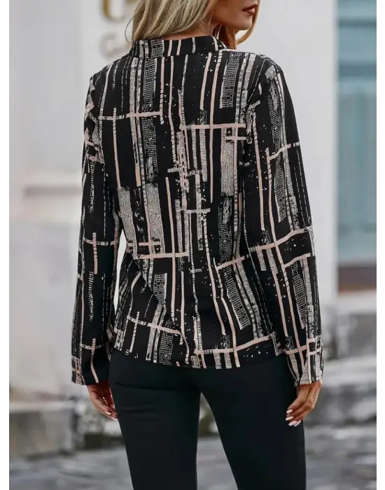 Kadın Uzun Kollu V Yakalı Desenli Dalgıç Bluz