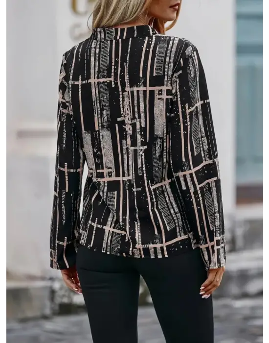 Omarı Desenli V Yakalı Uzun Kollu Kadın Bluz