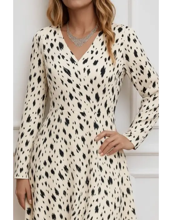 Kadın Uzun Kollu V Yakalı Desenli Kısa Keten Elbise