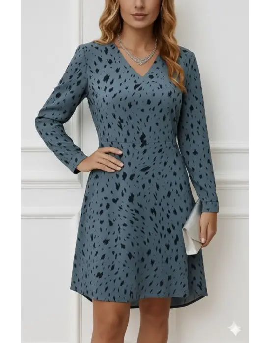 Kadın Uzun Kollu V Yakalı Desenli Kısa Keten Elbise