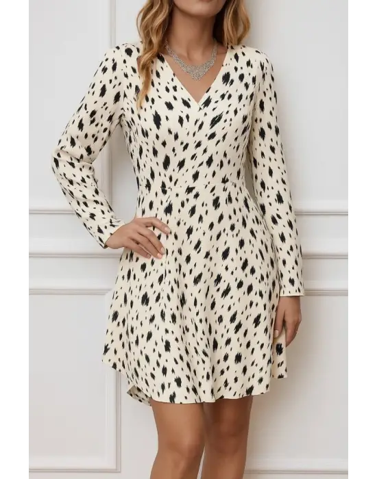 Kadın Uzun Kollu V Yakalı Desenli Kısa Keten Elbise