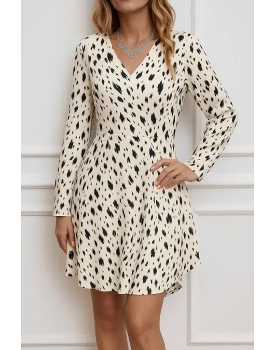 Kadın Uzun Kollu V Yakalı Desenli Kısa Keten Elbise