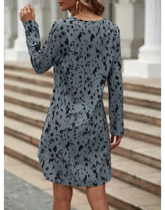 Omarı Uzun Kollu Desenli Keten Elbise