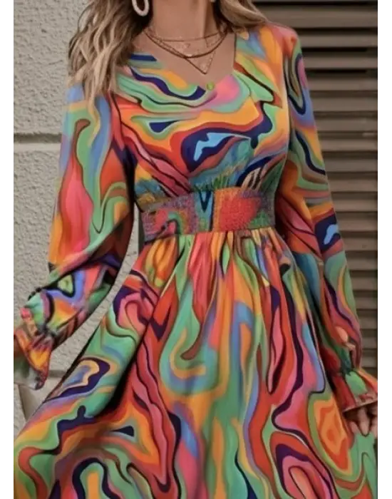 Kadın Uzun Kollu V Yakalı Desenli Maxi Süprem Elbise