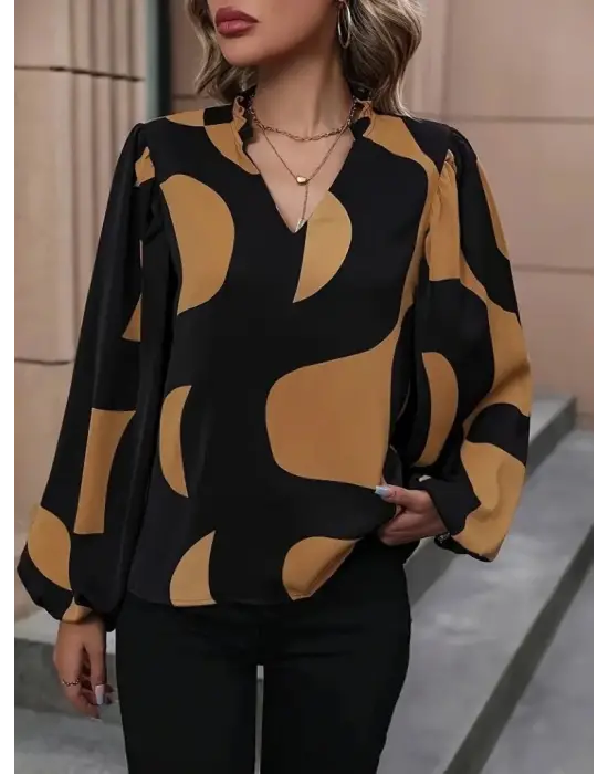 Kadın Uzun Kollu V Yakalı Desenli Modal Bluz
