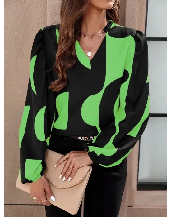 Kadın Uzun Kollu V Yakalı Desenli Modal Bluz