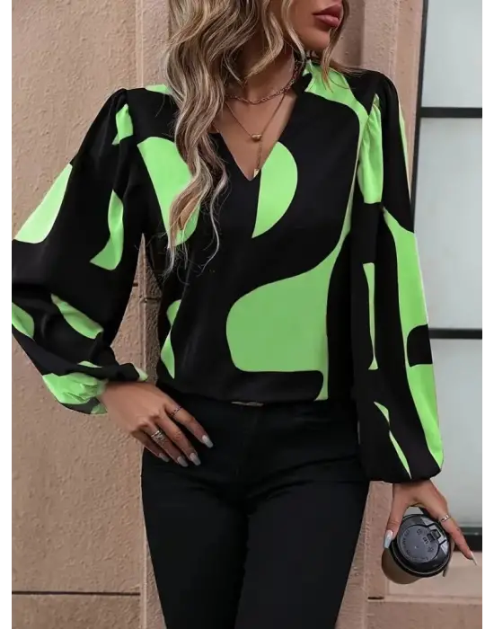 Kadın Uzun Kollu V Yakalı Desenli Modal Bluz