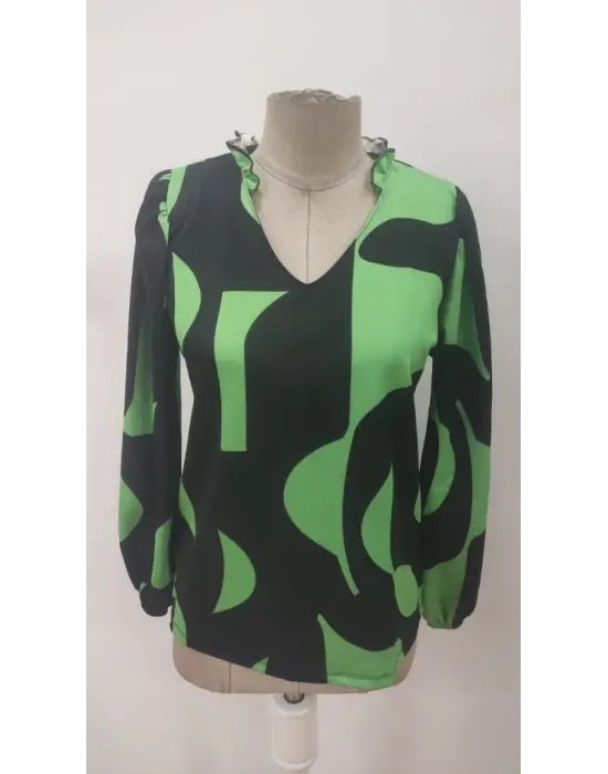 Kadın Uzun Kollu V Yakalı Desenli Modal Bluz