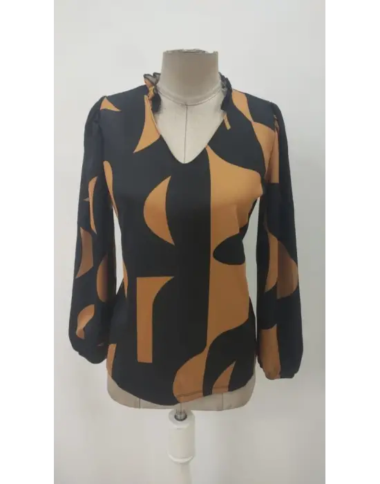 Kadın Uzun Kollu V Yakalı Desenli Modal Bluz
