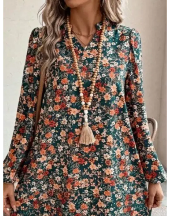 Kadın Uzun Kollu V Yakalı Desenli Modal Mini Elbise