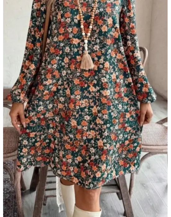 Kadın Uzun Kollu V Yakalı Desenli Modal Mini Elbise