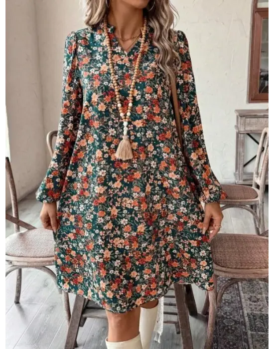 Kadın Uzun Kollu V Yakalı Desenli Modal Mini Elbise