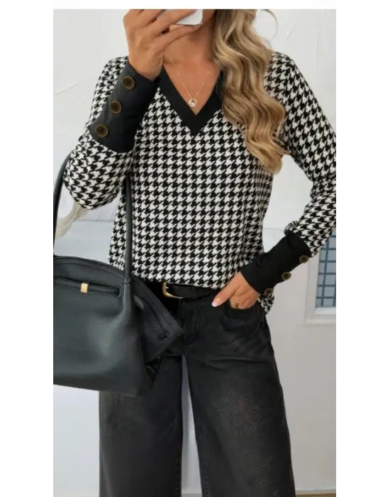 Kadın Uzun Kollu V Yakalı Desenli Süprem Bluz