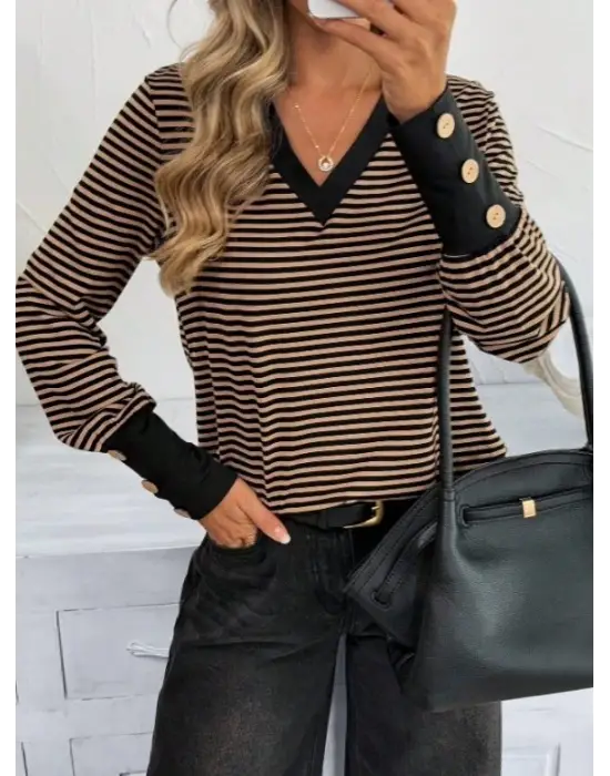 Kadın Uzun Kollu V Yakalı Desenli Süprem Bluz