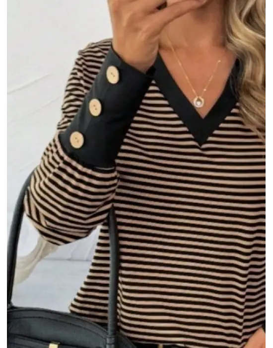 Kadın Uzun Kollu V Yakalı Desenli Süprem Bluz