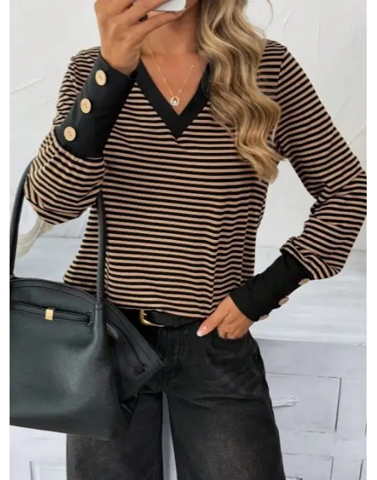 Kadın Uzun Kollu V Yakalı Desenli Süprem Bluz