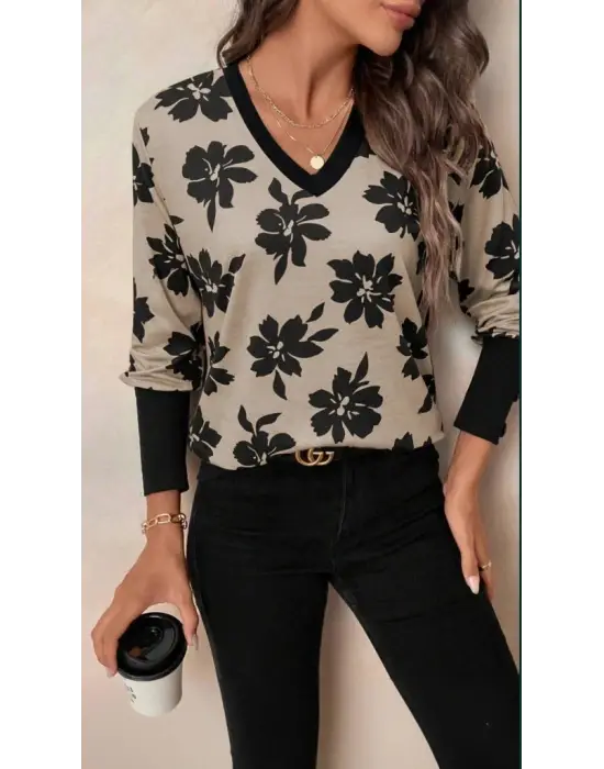 Kadın Uzun Kollu V Yakalı Desenli Süprem Bluz