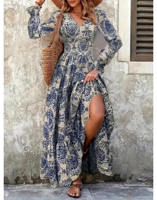 Kadın Uzun Kollu V Yakalı Desenli Süprem Elbise