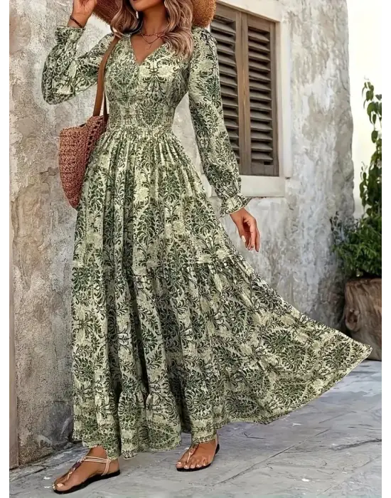 Kadın Uzun Kollu V Yakalı Desenli Süprem Elbise