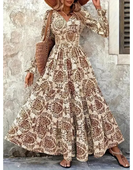 Kadın Uzun Kollu V Yakalı Desenli Süprem Elbise