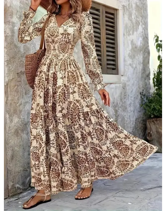 Kadın Uzun Kollu V Yakalı Desenli Süprem Elbise