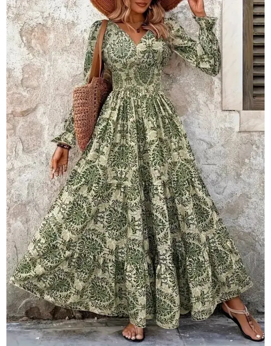 Kadın Uzun Kollu V Yakalı Desenli Süprem Elbise