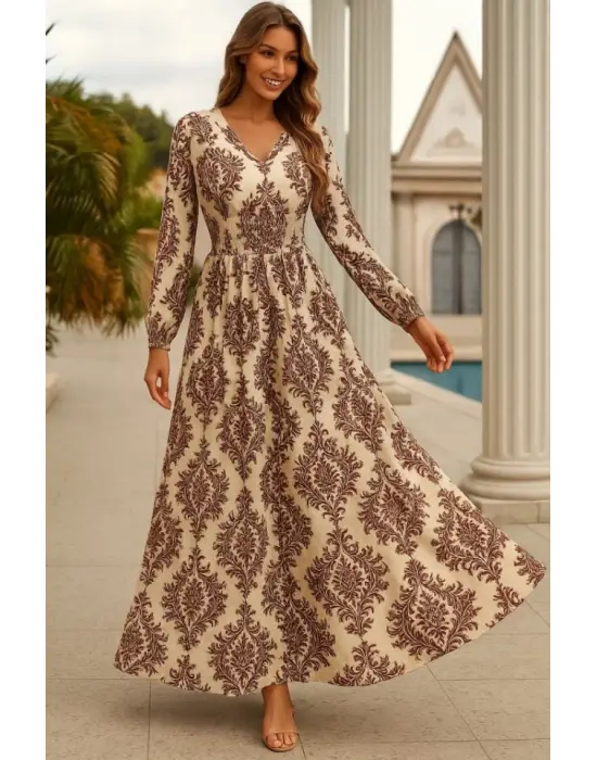 Kadın Uzun Kollu V Yakalı Desenli Süprem Elbise