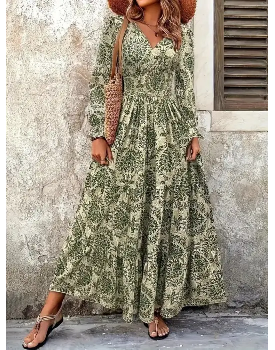 Kadın Uzun Kollu V Yakalı Desenli Süprem Elbise