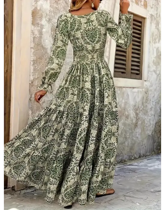 Kadın Uzun Kollu V Yakalı Desenli Süprem Elbise