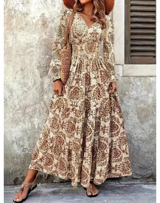 Kadın Uzun Kollu V Yakalı Desenli Süprem Elbise