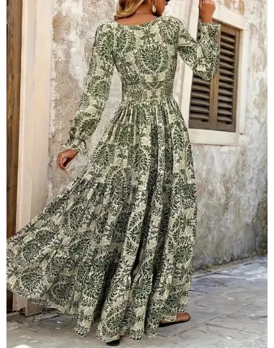 Kadın Uzun Kollu V Yakalı Desenli Süprem Elbise