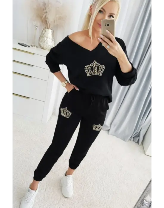 Kadın Uzun Kollu V Yakalı Desenli Viskon Iki Iplik Bluz Ve Pantolon Ikili Takım