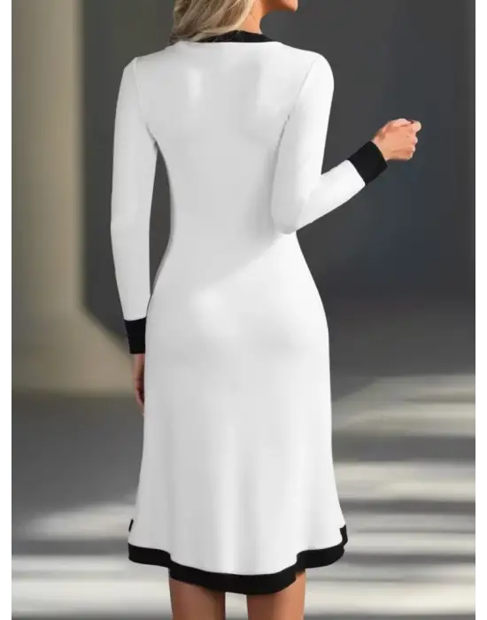 Kadın Uzun Kollu V Yakalı Düğmeli Midi Modal Elbise