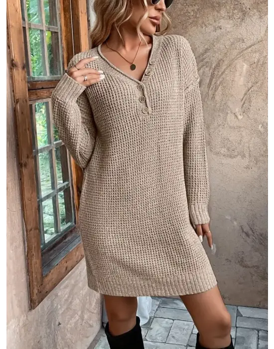 Kadın Uzun Kollu V Yakalı Düğmeli Mini Triko Taş Renkli Elbise