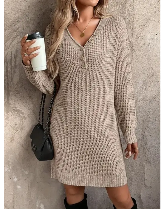 Kadın Uzun Kollu V Yakalı Düğmeli Mini Triko Taş Renkli Elbise