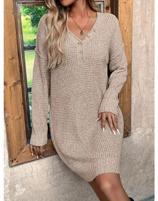 Kadın Uzun Kollu V Yakalı Düğmeli Mini Triko Taş Renkli Elbise