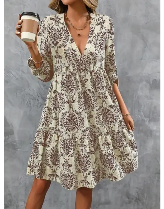 Kadın Uzun Kollu V Yakalı Fırfırlı Mini Süprem Elbise