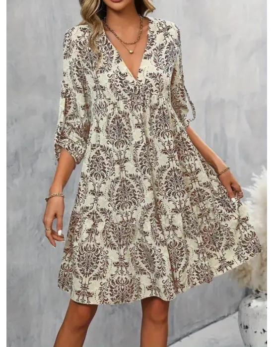 Kadın Uzun Kollu V Yakalı Fırfırlı Mini Süprem Elbise