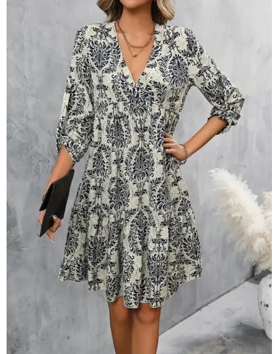 Kadın Uzun Kollu V Yakalı Fırfırlı Mini Süprem Elbise