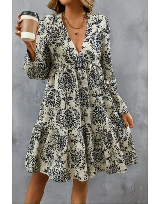 Kadın Uzun Kollu V Yakalı Fırfırlı Mini Süprem Elbise