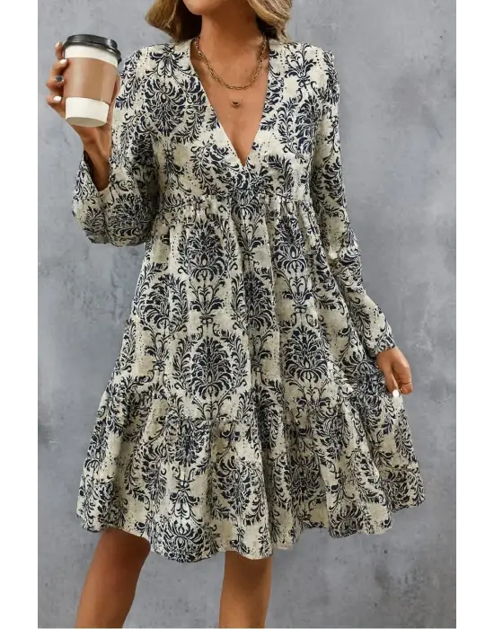 Kadın Uzun Kollu V Yakalı Fırfırlı Mini Süprem Elbise