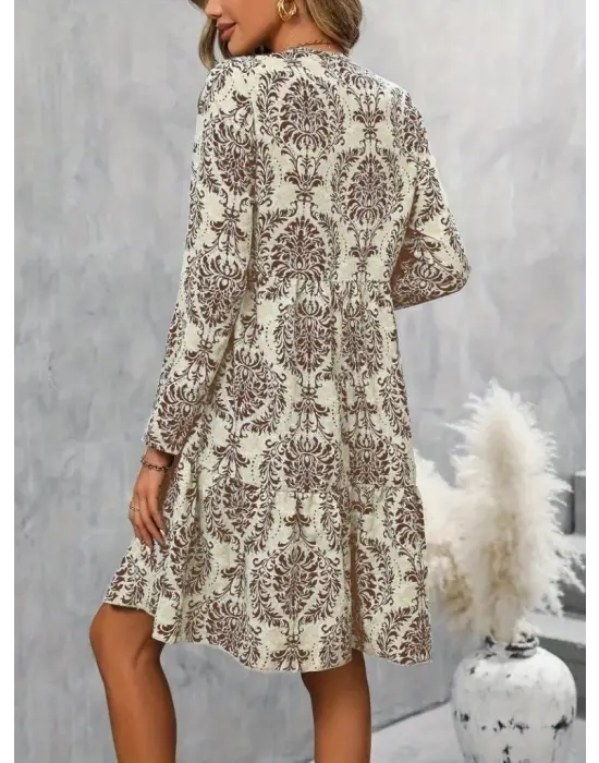 Kadın Uzun Kollu V Yakalı Fırfırlı Mini Süprem Elbise