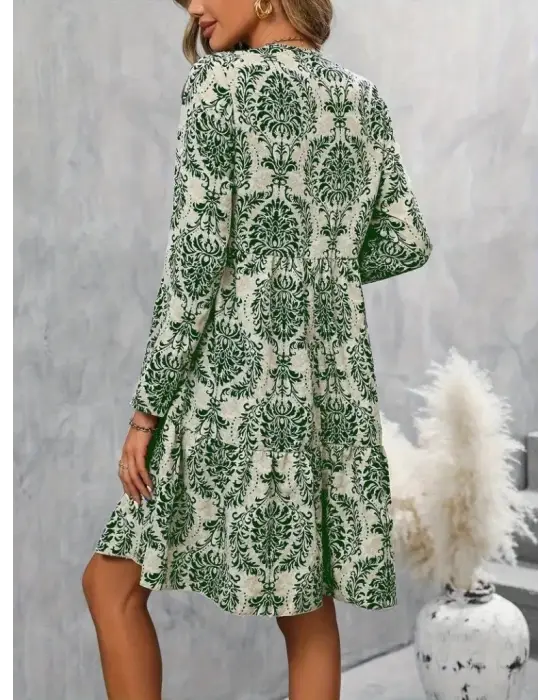 Kadın Uzun Kollu V Yakalı Fırfırlı Mini Süprem Elbise