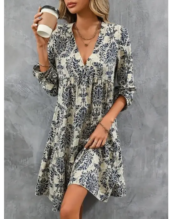 Kadın Uzun Kollu V Yakalı Fırfırlı Mini Süprem Elbise