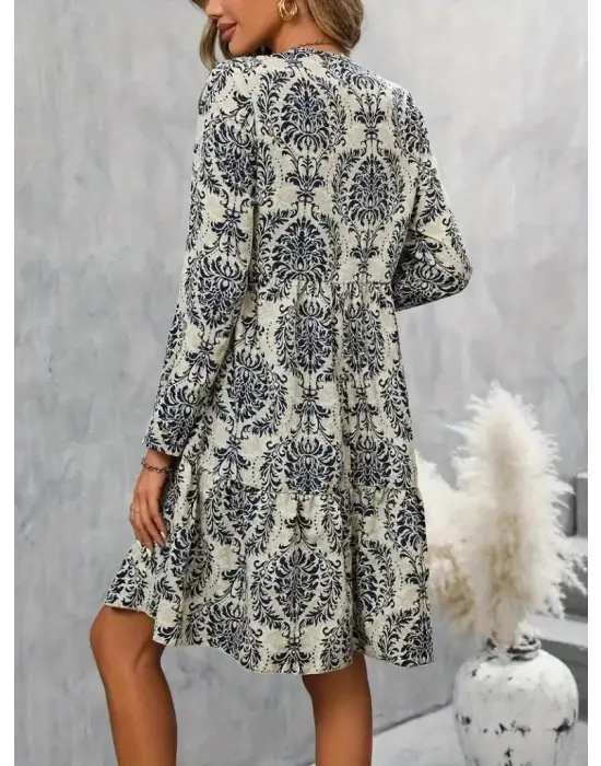 Kadın Uzun Kollu V Yakalı Fırfırlı Mini Süprem Elbise