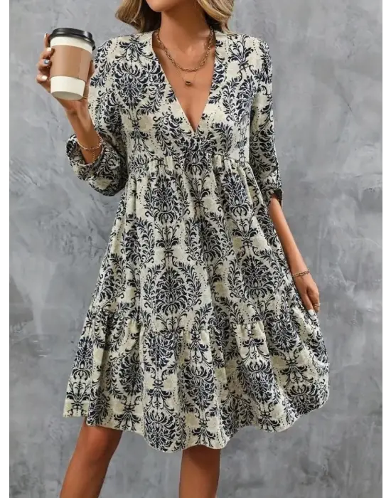 Kadın Uzun Kollu V Yakalı Fırfırlı Mini Süprem Elbise